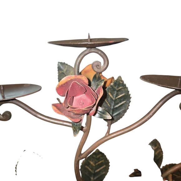 Vintage Metal Toleware Rose Accented 5 Arm Pillar Candle Candelabra 21"X15"X6" - Picture 6 of 11